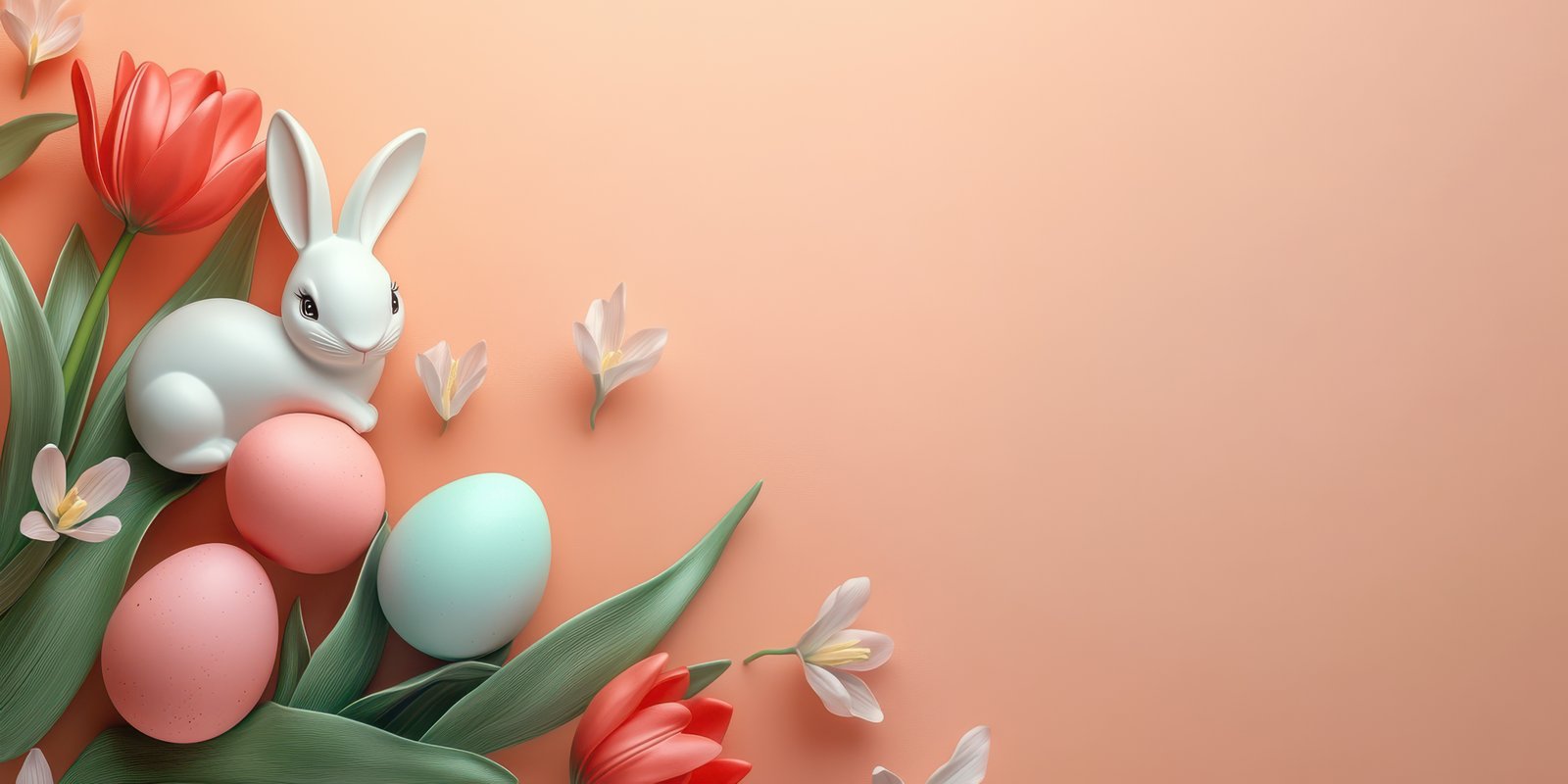 Colorful spring decorations featuring a bunny and pastel eggs with vibrant flowers arranged on a soft background